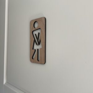 To håndlagde treskilt som humoristiske toalettskilt med figurer – en kvinne og en mann i tre med utskjærte kropper.