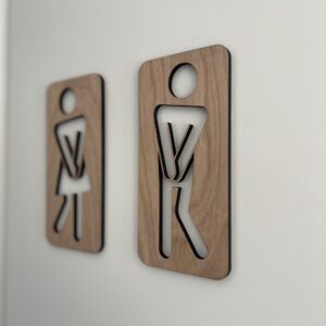 To håndlagde treskilt som humoristiske toalettskilt med figurer – en kvinne og en mann i tre med utskjærte kropper.