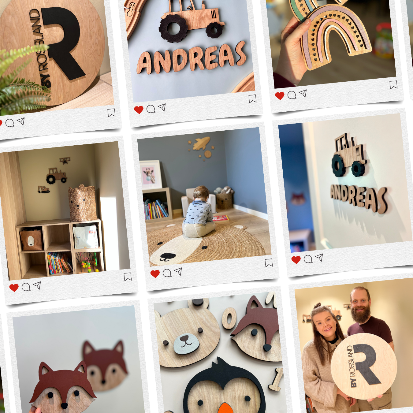 Et bilde som viser flere ByRossland produkter og innlegg fra Instagram-kontoen.
