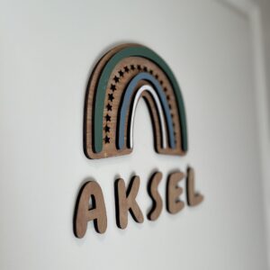 En closeup av et personlig navneskilt med håndlaget regnbue.