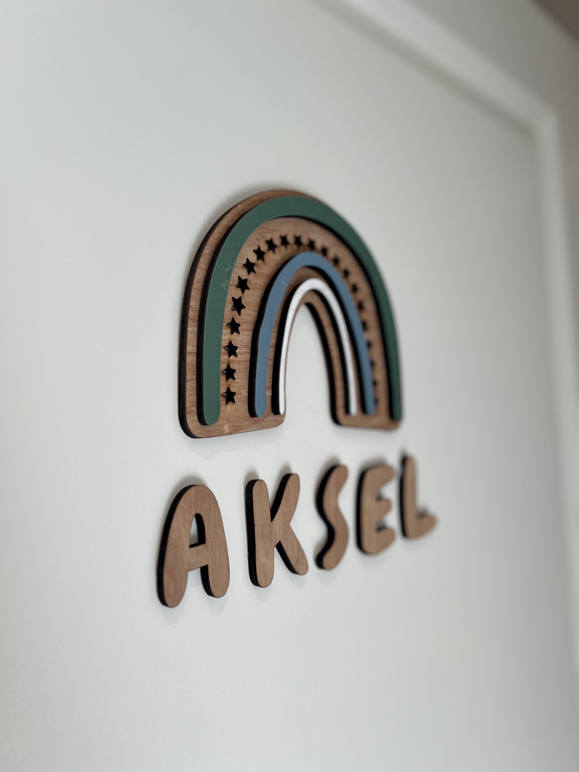 En closeup av et personlig navneskilt med håndlaget regnbue.