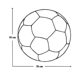 Størrelsesoversikt på personlig navneskilt med fotballfigur.