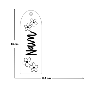 Produktmål for bokmerket med blomster og valgfritt navn.