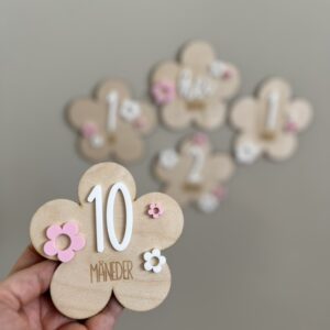 Håndlagde milepælskort i bjørkfiner med søte blomsterdetaljer som er perfekt til å ta bilder med baby første leveår.
