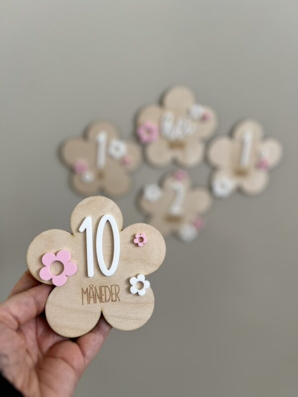 Håndlagde milepælskort i bjørkfiner med søte blomsterdetaljer som er perfekt til å ta bilder med baby første leveår.