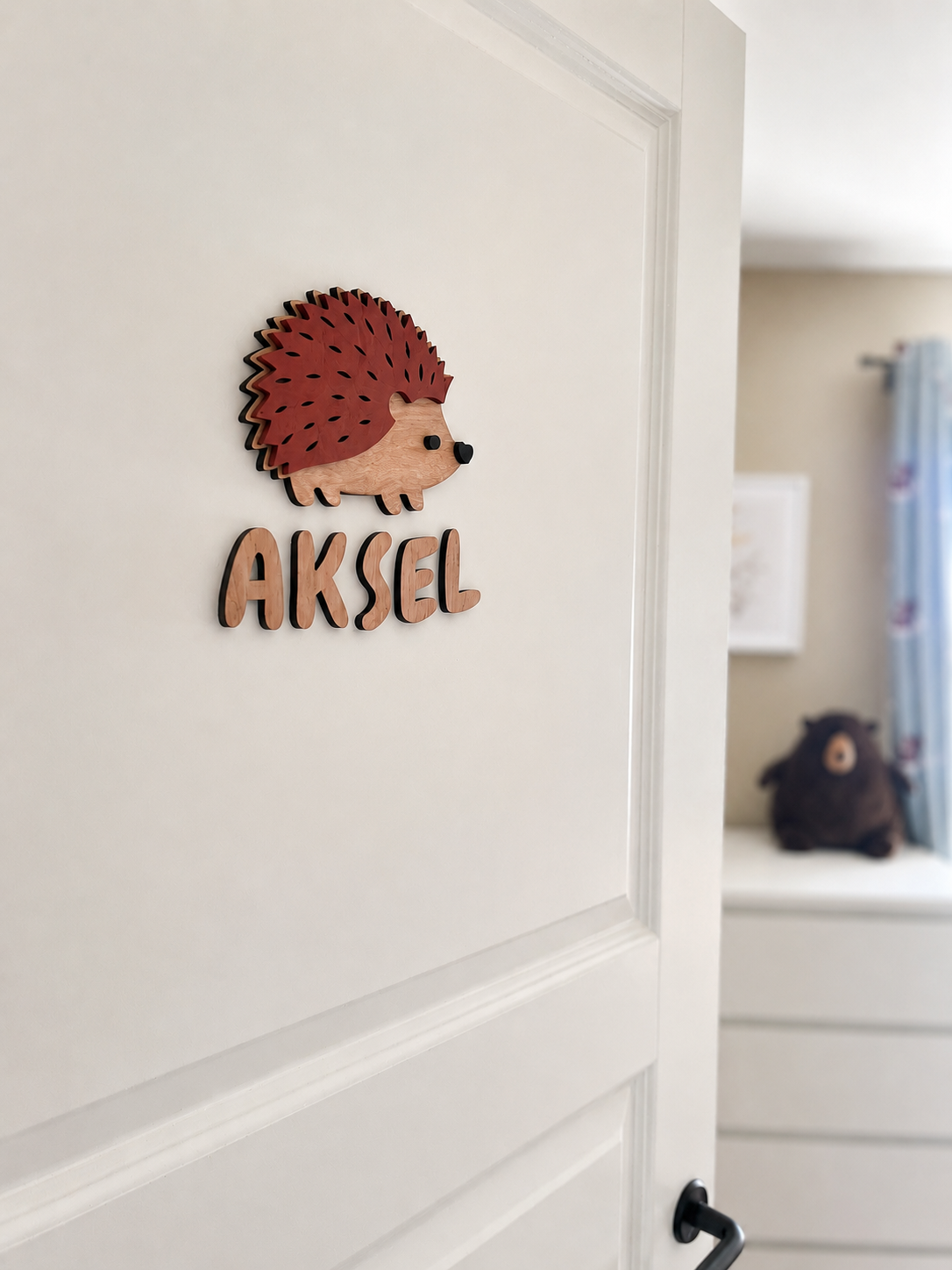 Tredørskilt med en pinnsvin og navnet AKSEL på en hvit barneromsdør.