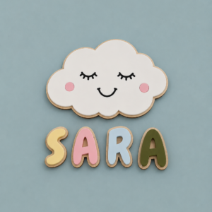 Personlig barneromsskilt med smilende sky og navnet SARA i fargerike bokstaver.