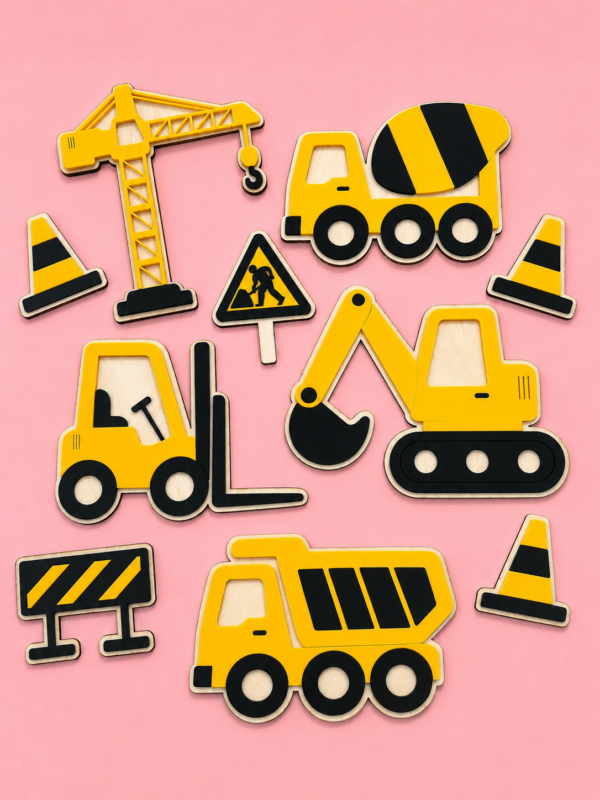 Komplett byggeplass-veggdekor i tre og akryl til barnerom med gravemaskin, dumper, betongbil og heisekran.