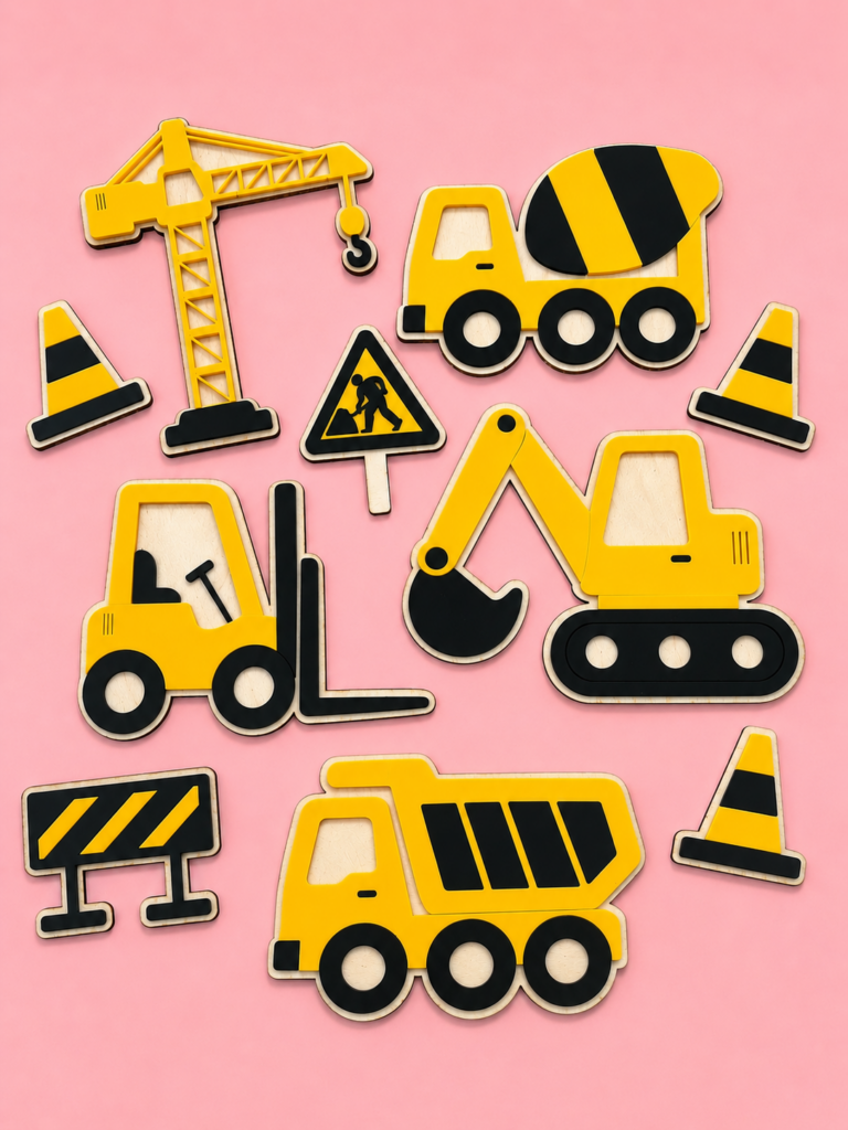 Komplett byggeplass-veggdekor i tre og akryl til barnerom med gravemaskin, dumper, betongbil og heisekran.