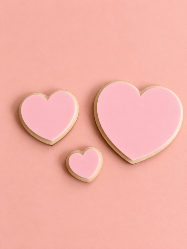 Tre hjerteformet veggdekor med rosa akryl i ulike størrelser på rosa bakgrunn.