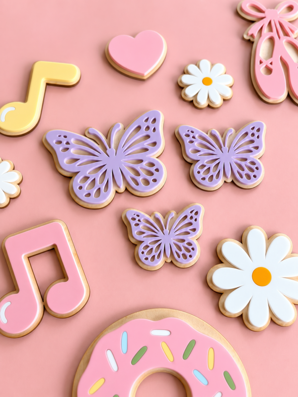 Veggdekor i pastellfarger formet som sommerfugler, blomster, hjerte, musikknote, ballettsko og smultring.